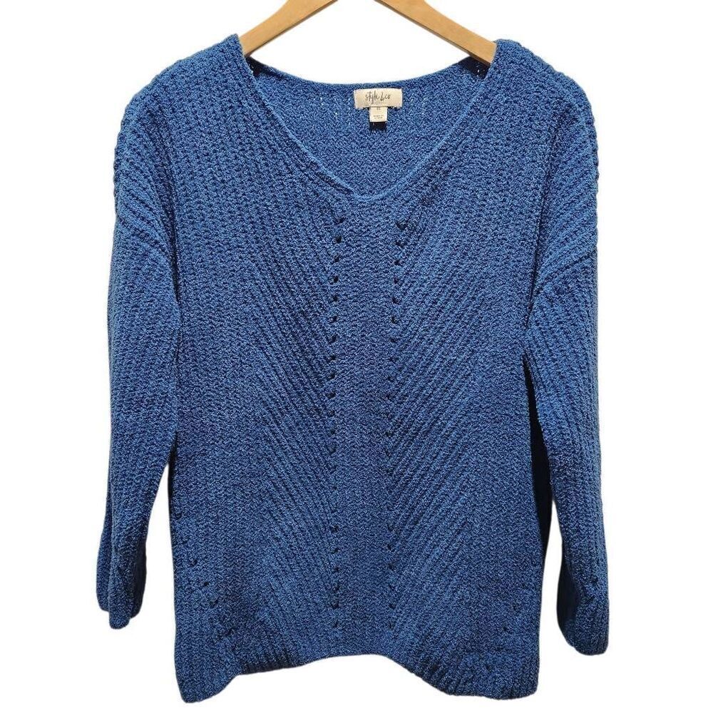 Style & Co chenille‎ ribbed knit sweater v neck long sleeve blue XS